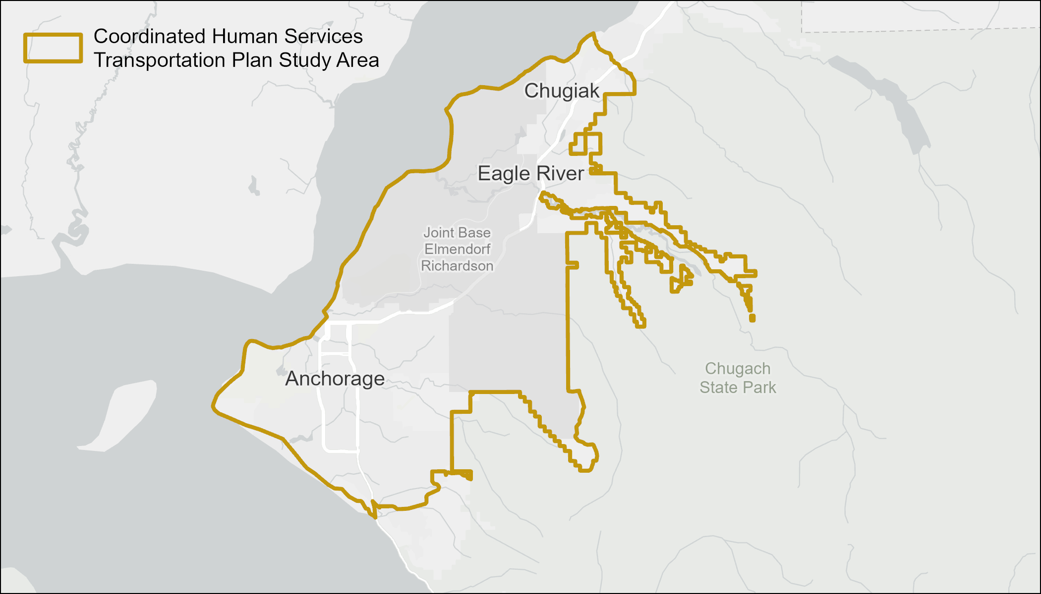 Project Area Map showing the project study area which includes Anchorage, Eagle River, and Chugiak.
